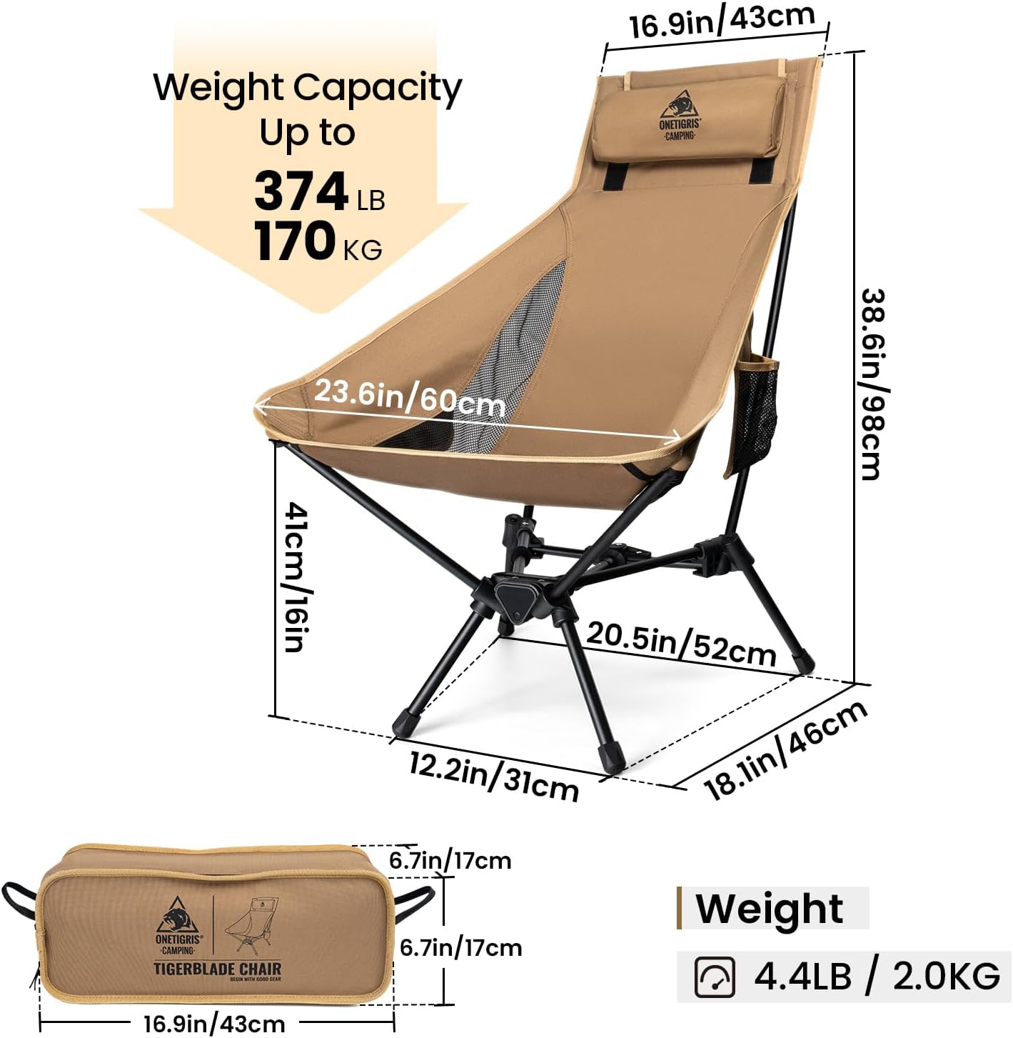 OneTigris Tigerblade High Back Camping Chair with Pillow Design, Comfortable Widened Seat Folding Chair - Image 3